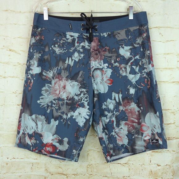 O’Neill Board Shorts Men 32X10 Deep Blue Floral HyperFreak Taco Swim Trunk Surf - Picture 1 of 15